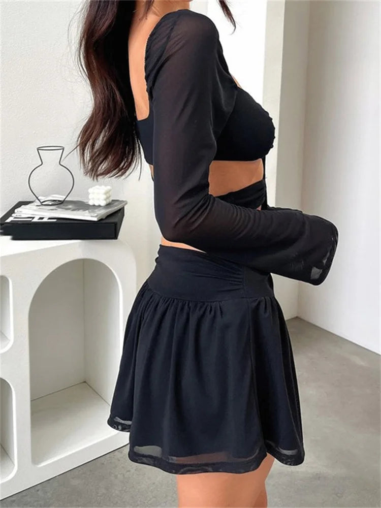 Criss-cross Tie-up Long Sleeve Mini Dresses