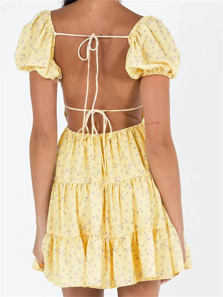 Playful Print Puff Sleeve Mini Dresses