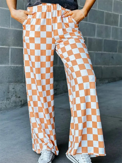 Plaid Print Wide Leg Elastic Waist Pant