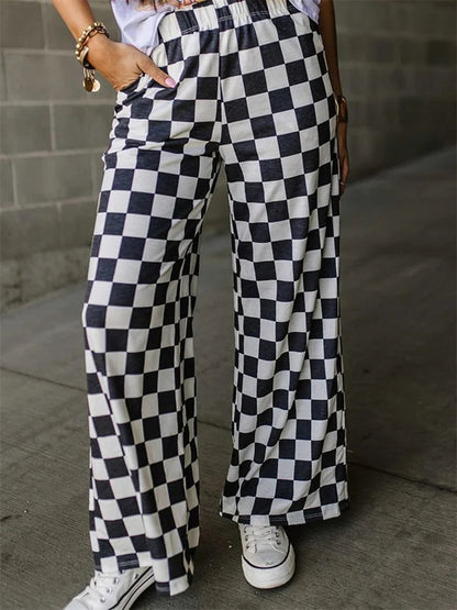 Plaid Print Wide Leg Elastic Waist Pant
