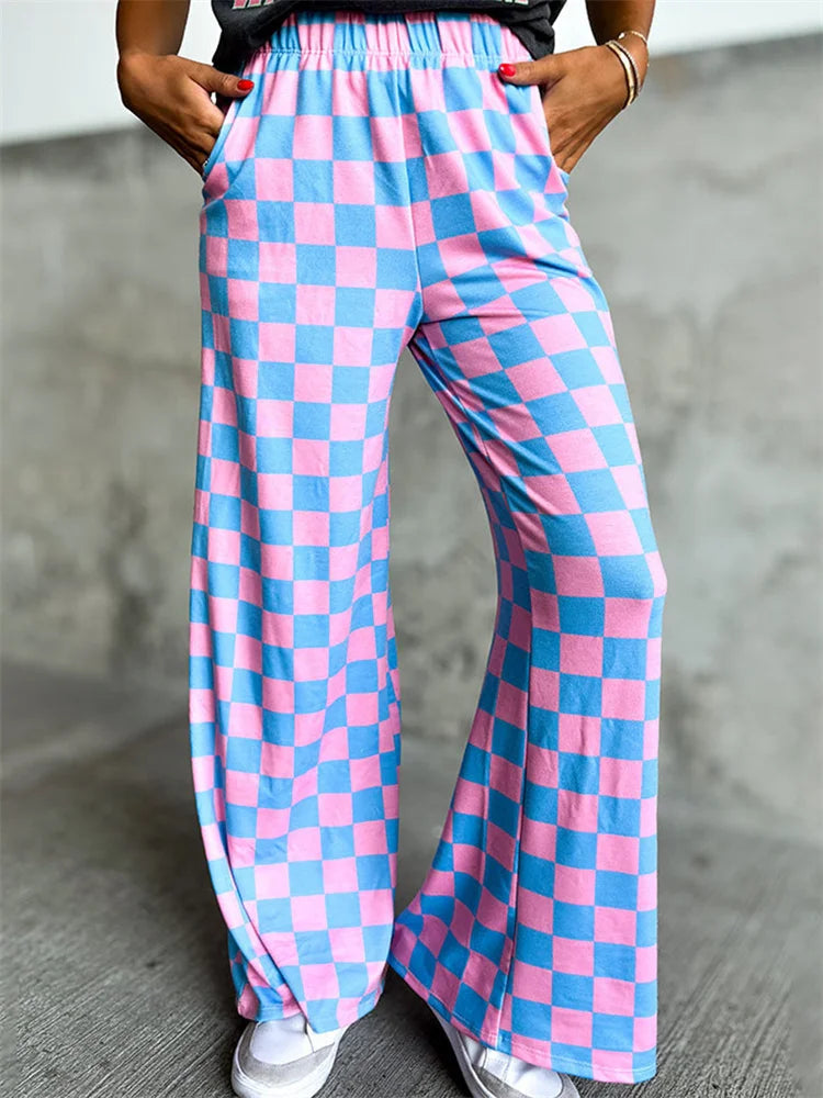 Plaid Print Wide Leg Elastic Waist Pant