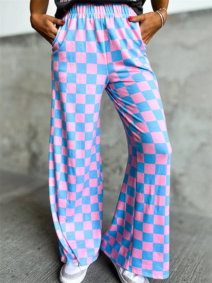 Plaid Print Wide Leg Elastic Waist Pant