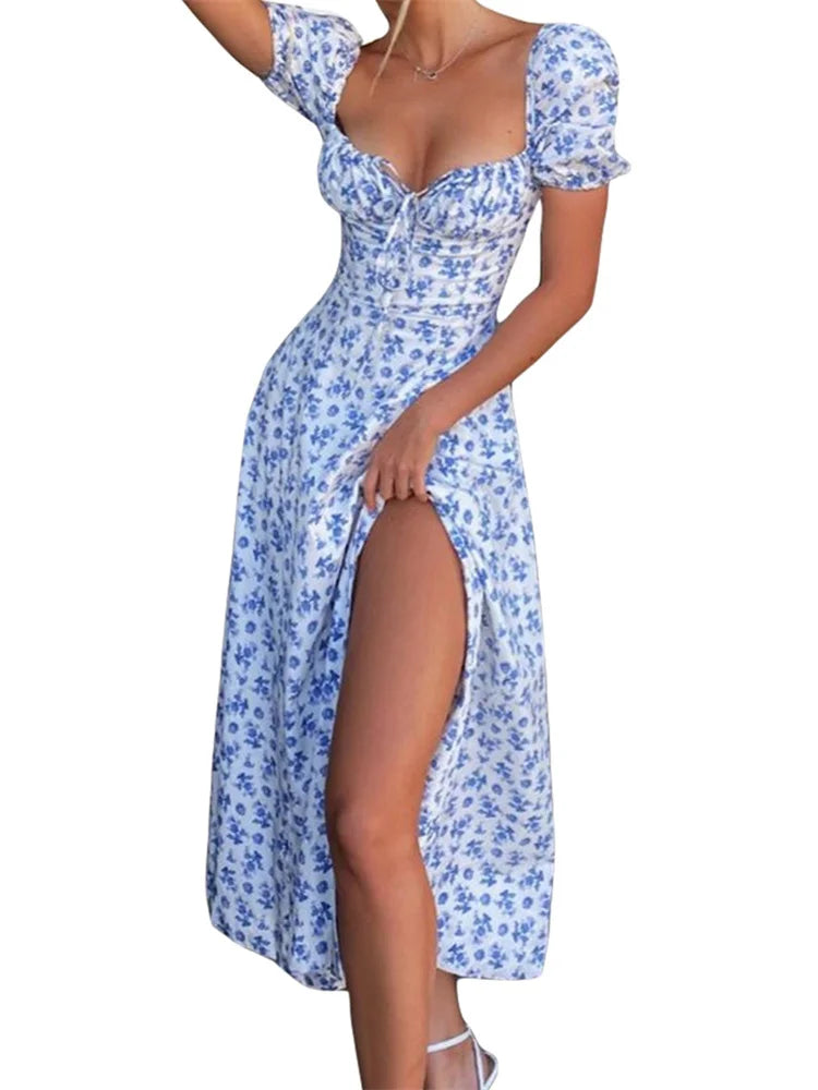 Y2k Square Neck Print Lace-up Sleeveless Spaghetti Strap Midi Dress