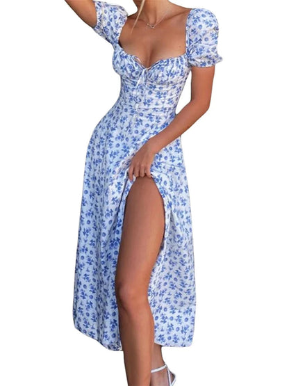 Y2k Square Neck Print Lace-up Sleeveless Spaghetti Strap Midi Dress