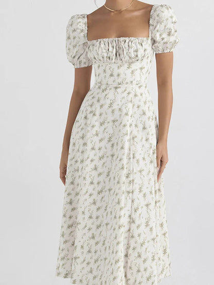 Y2k Square Neck Print Lace-up Sleeveless Spaghetti Strap Midi Dress