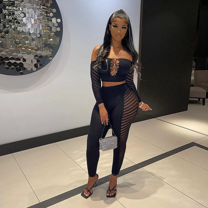 Autumn Mesh See-through Hollow Sheering Diamonds Button Wrapped Chest Long Sleeves Blouse Skinny Pencil Trousers