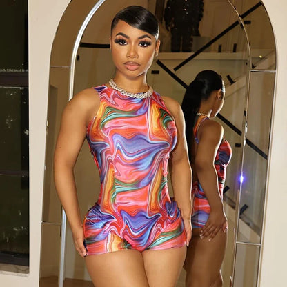 Colorful Print Romper Backless Sleeveless Summer Hipster Skinny Stretch Playsuit Fitness Shorts Overalls – and Stylish Summer Outfit