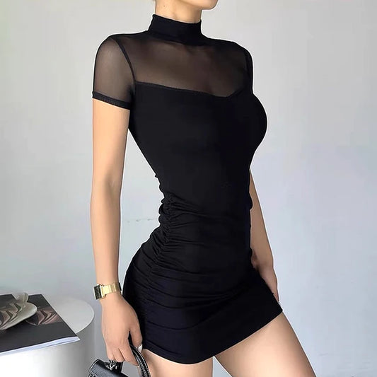 Goth Dark Mock Neck Y2k Bodycon Mini Dress Gothic Mesh Patchwork Sheer Party Dress