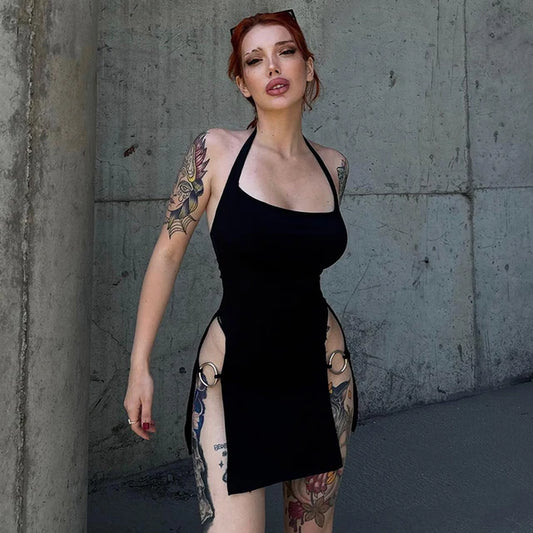 Color Sleeveless Halter Backless Deep Split Metal Circle Decoration Mini Dress – Hottie Spicy Clubwear Street