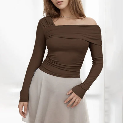 Basic Undershirt Slash Off Shoulder Full Sleeve Shirt Shrunk Soft T-shirt Autumn Versatile Street Daily Top