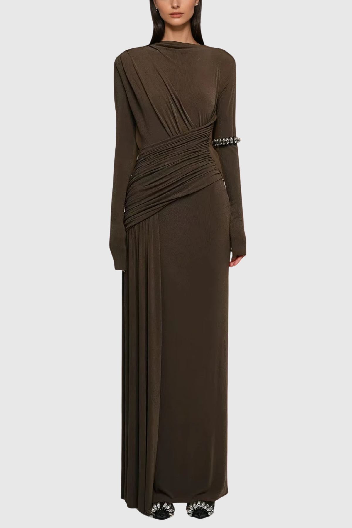 Cabdirashiid Ruch Asymmetric Maxi Dress in Brown