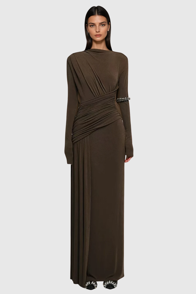 Cabdirashiid Ruch Asymmetric Maxi Dress in Brown