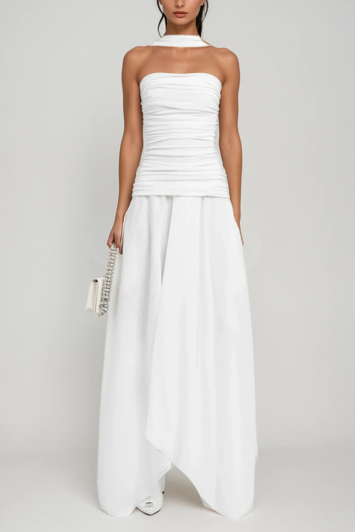 Cabdiraxmaan Ruch Drawstring Asymmetric Maxi Dress in White