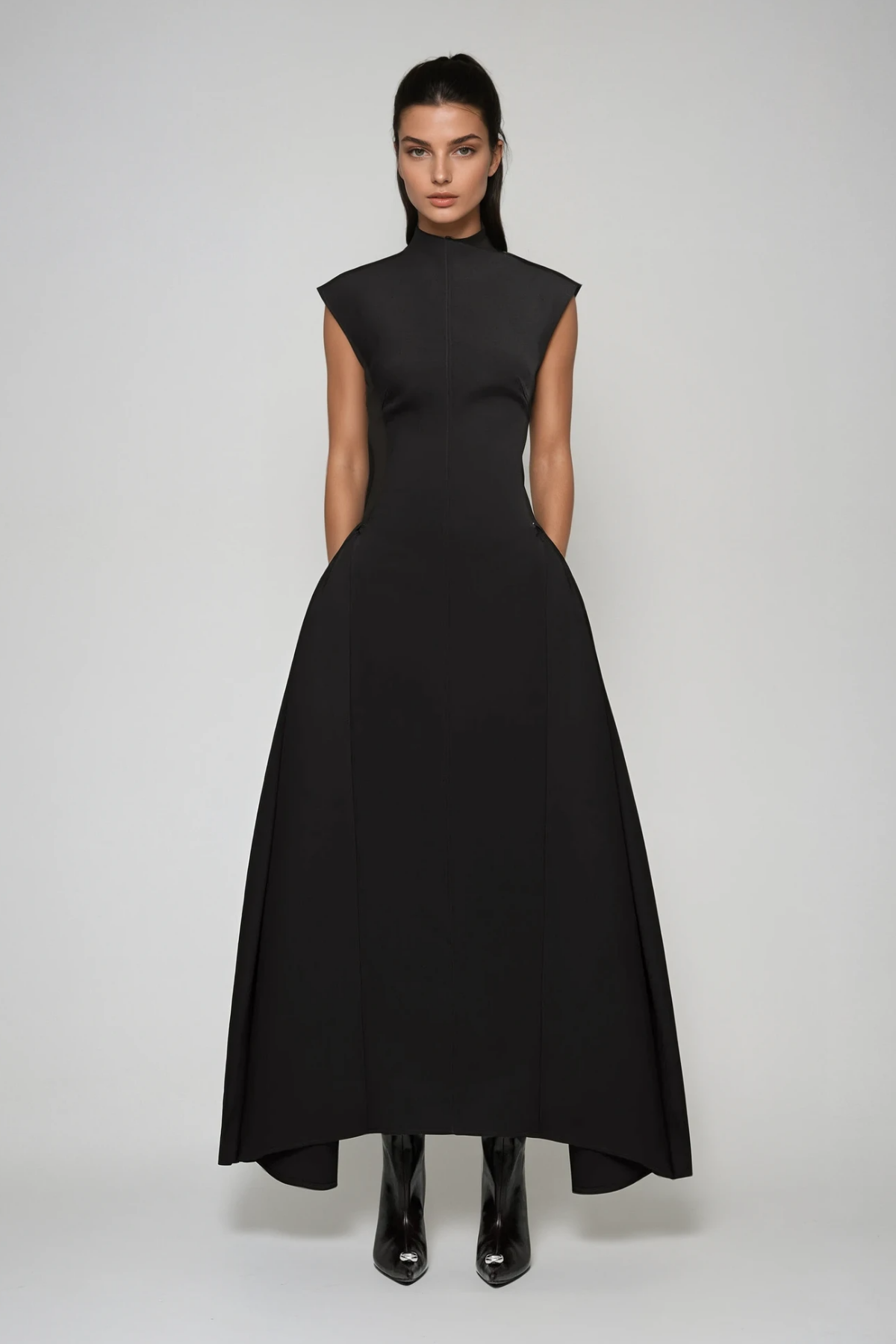 Cabdullaahi Sleeveless Asymmetric Maxi Dress in Black