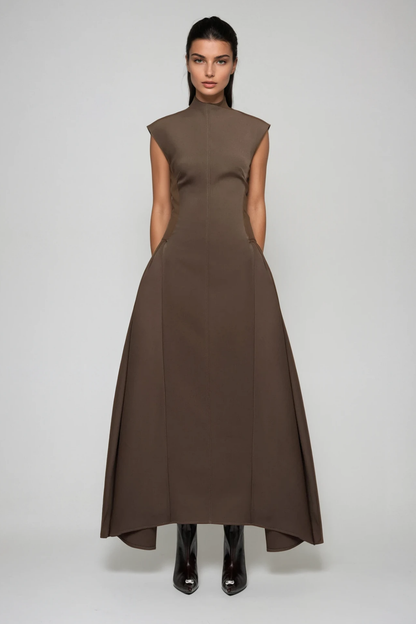 Cabdullaahi Sleeveless Asymmetric Maxi Dress in Brown