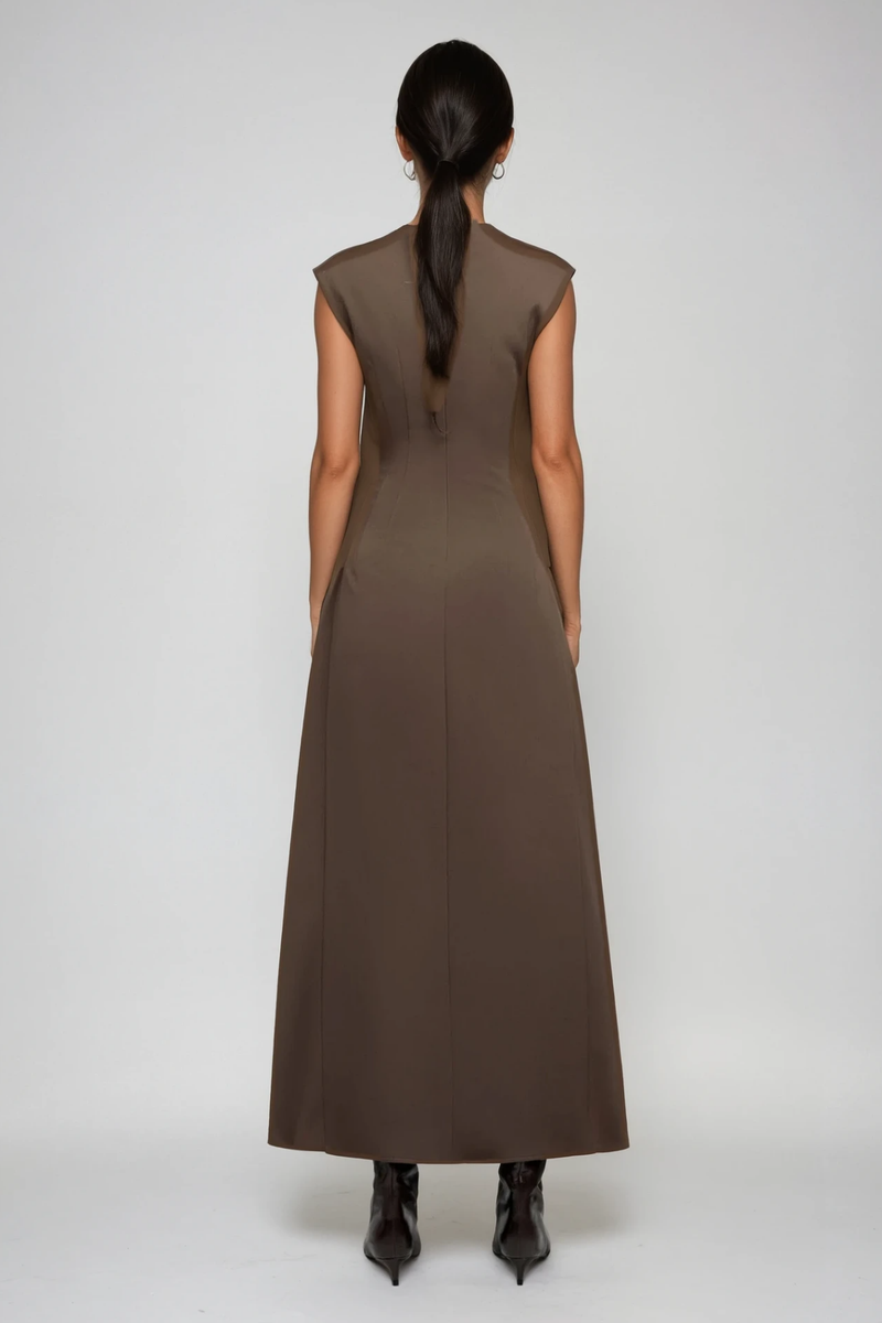 Cabdullaahi Sleeveless Asymmetric Maxi Dress in Brown