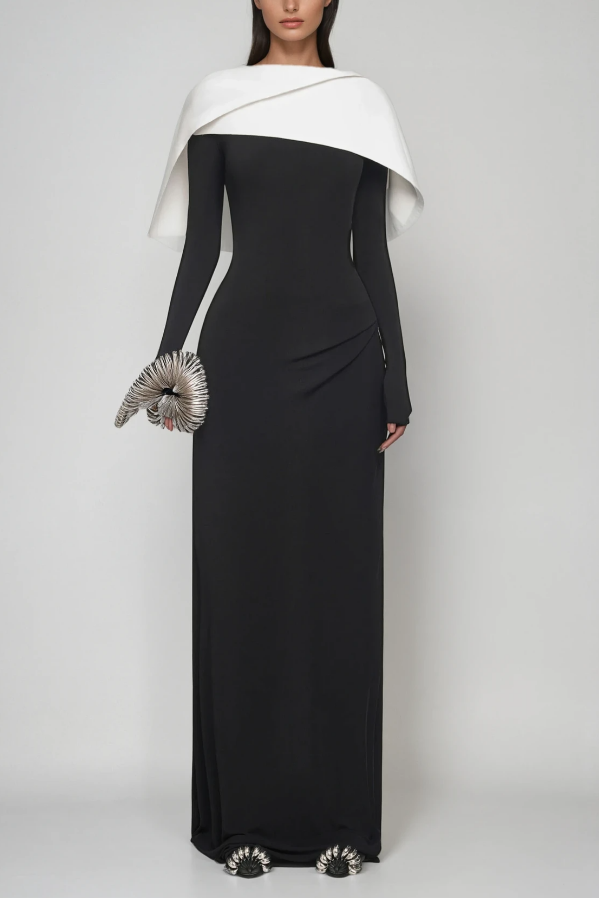 Cabdulqaadir Shawl Ruch Bodycon Maxi Dress in Black