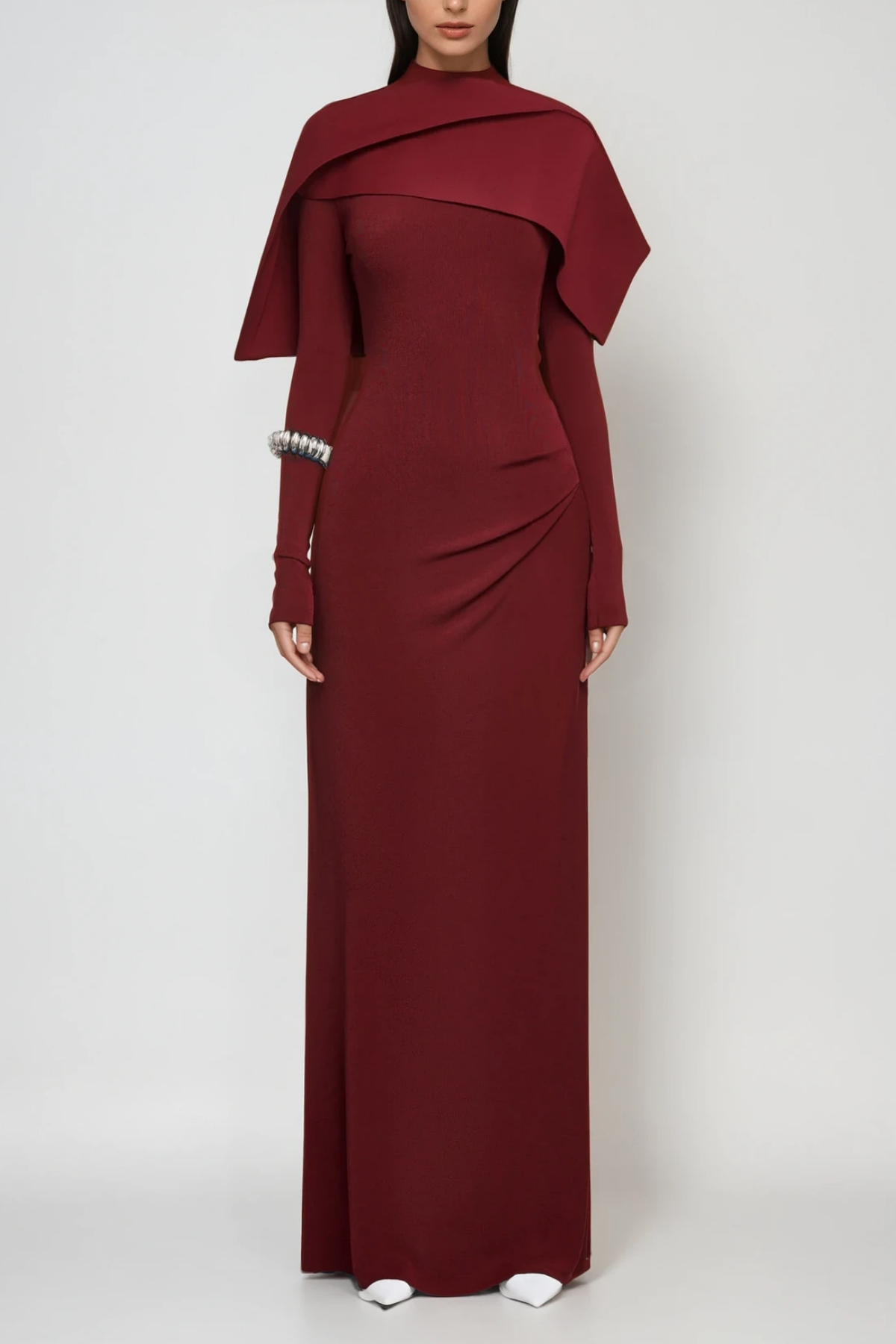 Cabdulqaadir Shawl Ruch Bodycon Maxi Dress in Red