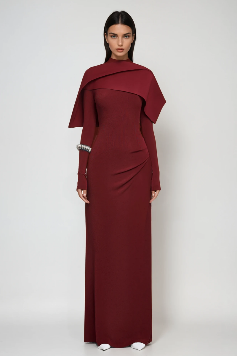 Cabdulqaadir Shawl Ruch Bodycon Maxi Dress in Red