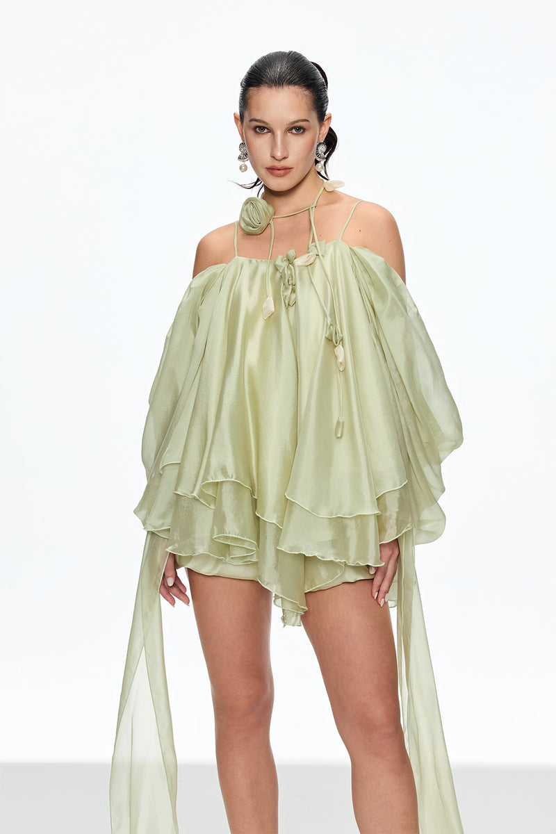 Caetana Ruffle Lace Up Fringe Mini Dress