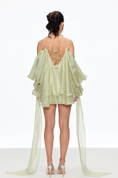 Caetana Ruffle Lace Up Fringe Mini Dress