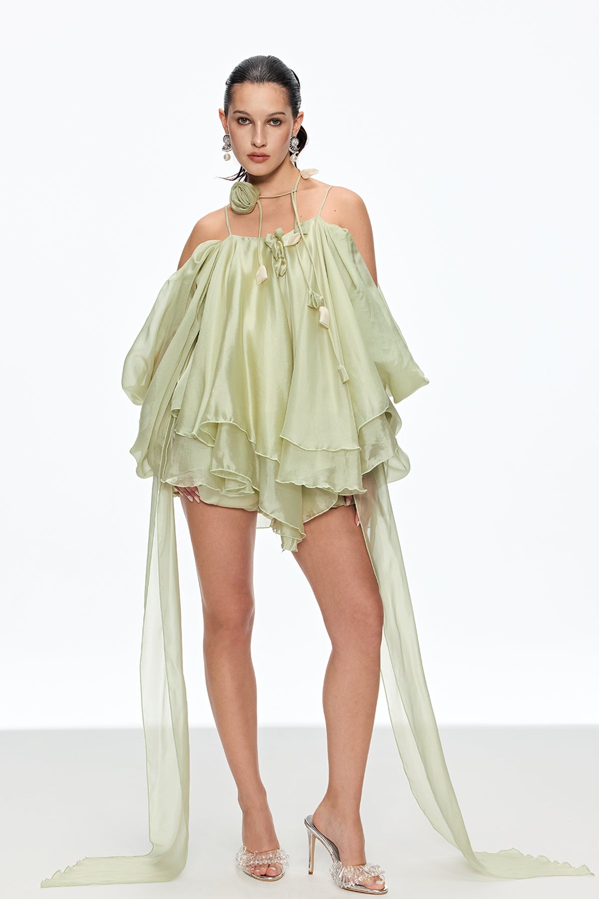 Caetana Ruffle Lace Up Fringe Mini Dress