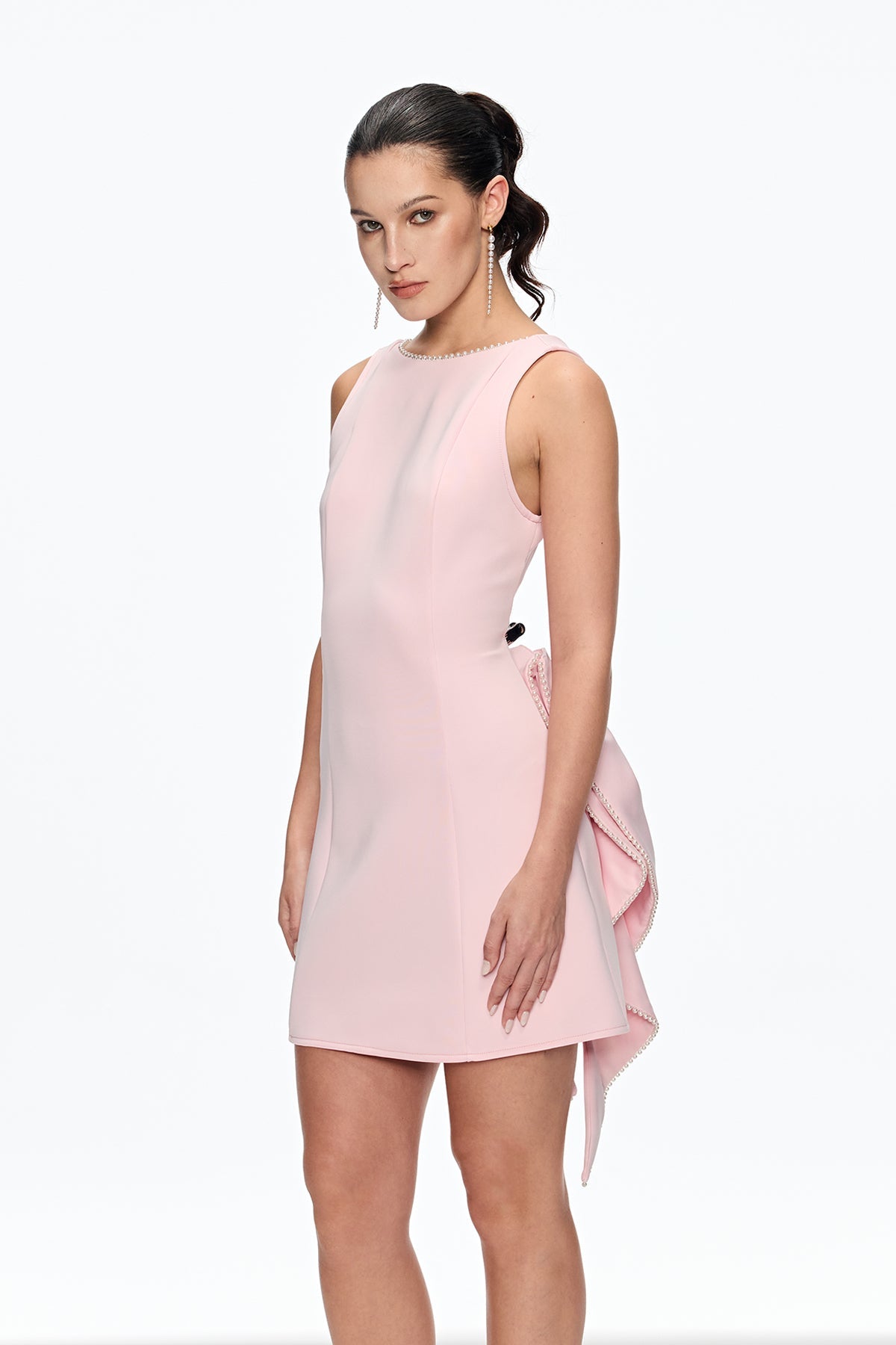 Cahyo Pearl Bow Backless Mini Dress