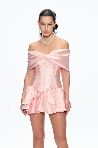 Cai Corset Bow Ruffle Satin Mini Dress