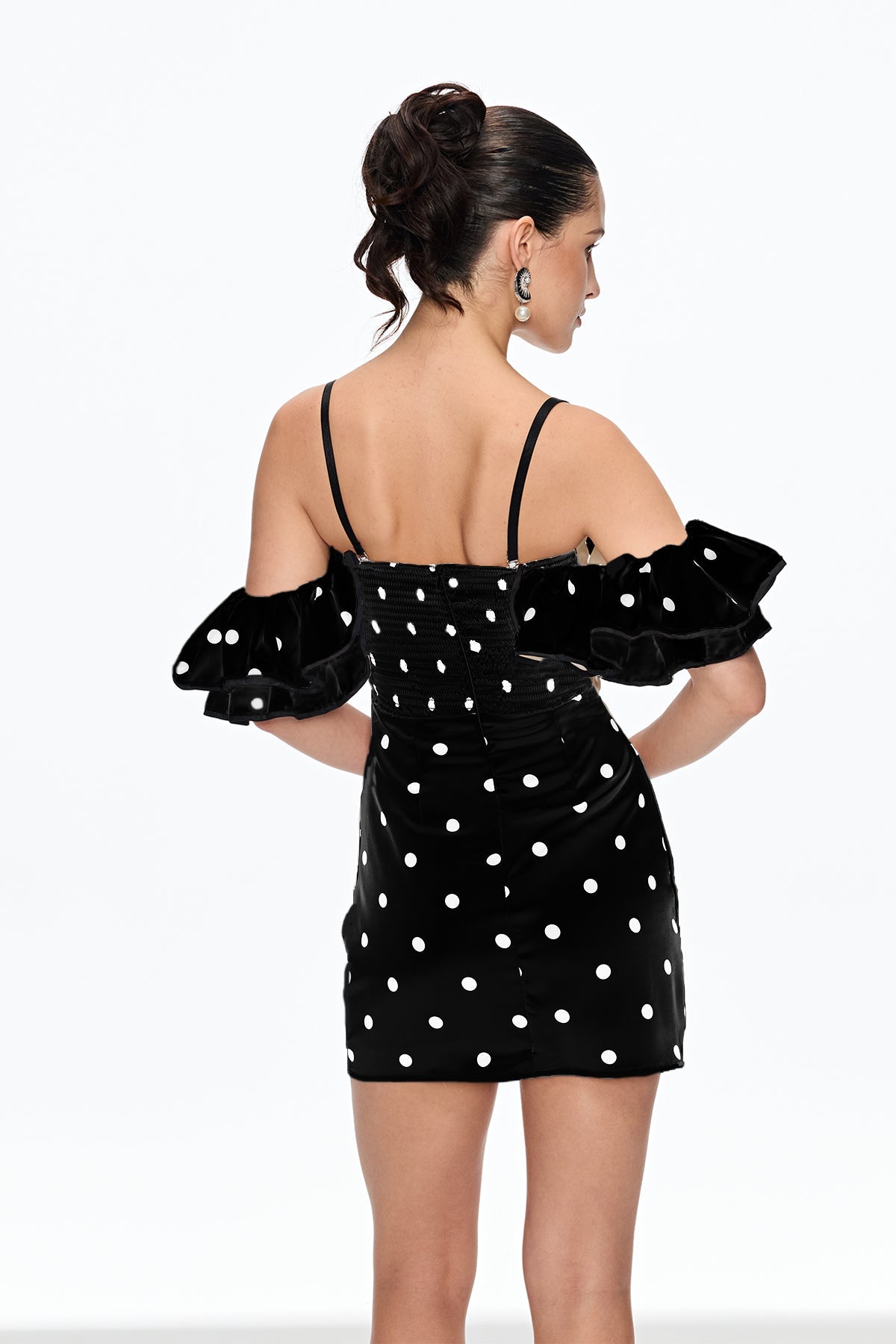Caj Dot Off Shoulder Mini Dress in Black