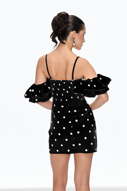 Caj Dot Off Shoulder Mini Dress in Black