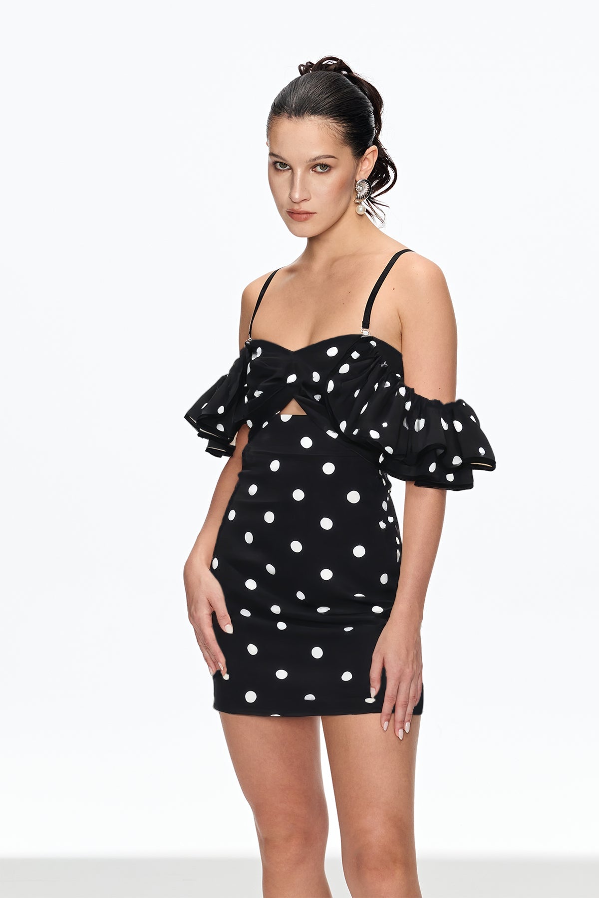 Caj Dot Off Shoulder Mini Dress in Black