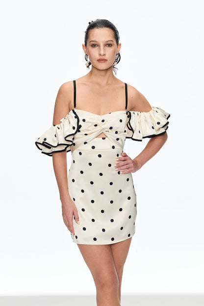 Caj Dot Off Shoulder Mini Dress in White