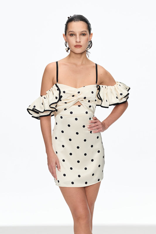 Caj Dot Off Shoulder Mini Dress in White