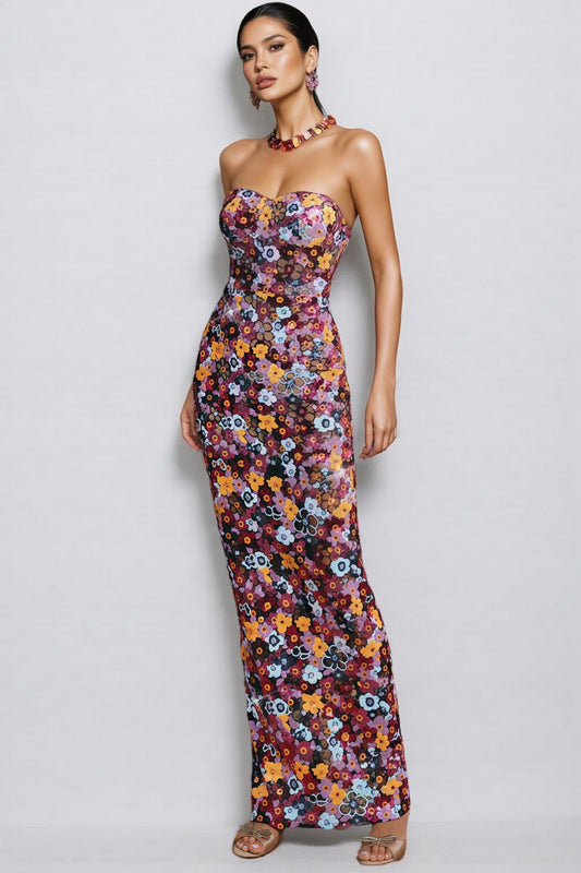 Cyria Strapless Flower Sequin Maxi Dress