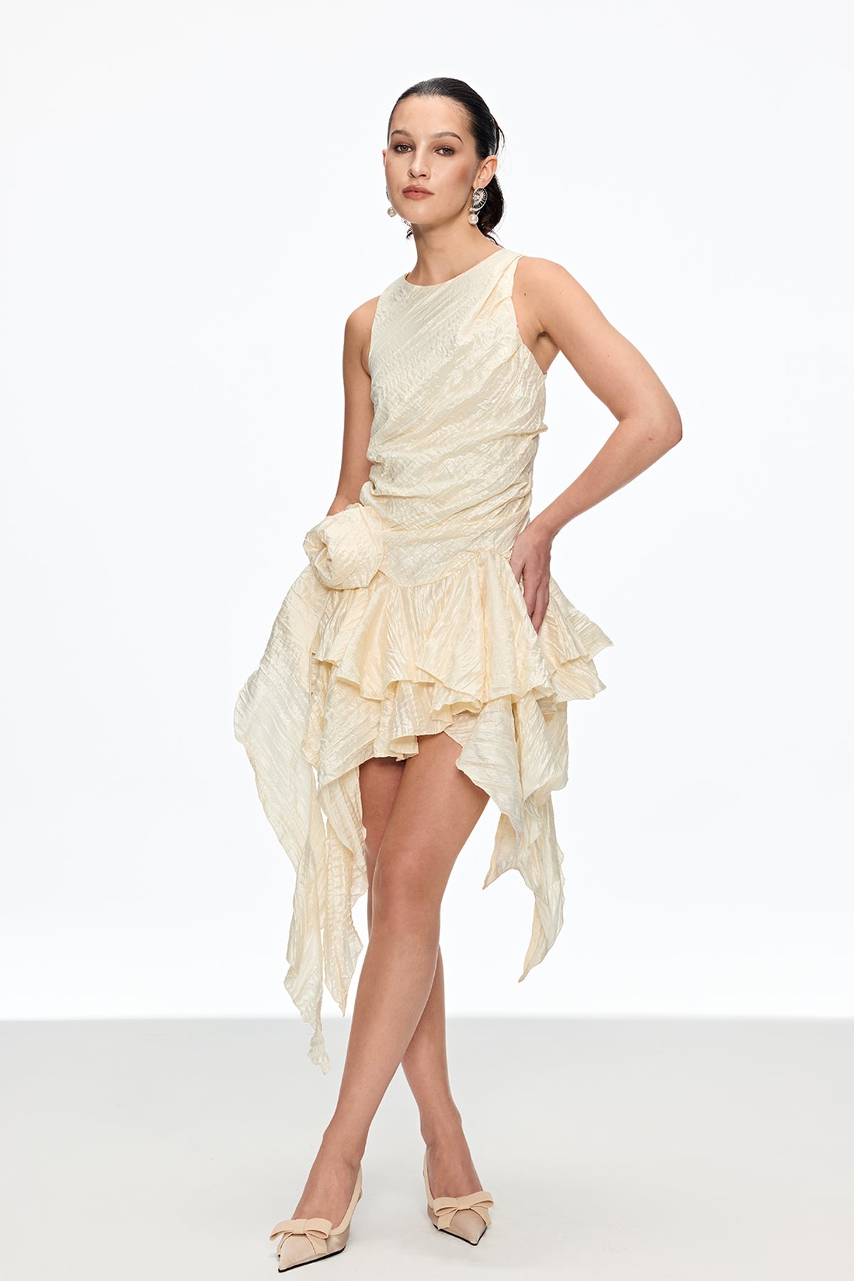 Caleb Flower Ruch Asymmetric Mini Dress in Apricot