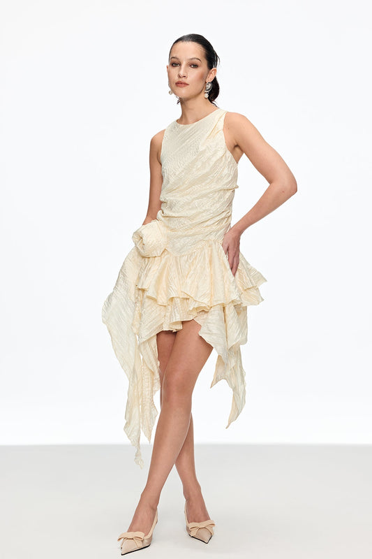 Caleb Flower Ruch Asymmetric Mini Dress in Apricot
