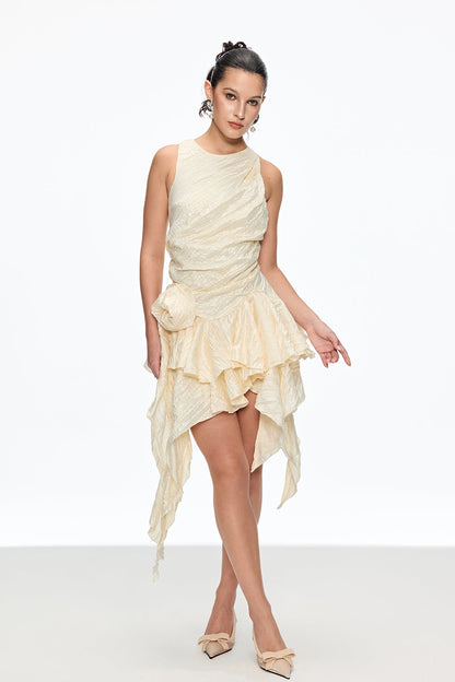 Caleb Flower Ruch Asymmetric Mini Dress in Apricot