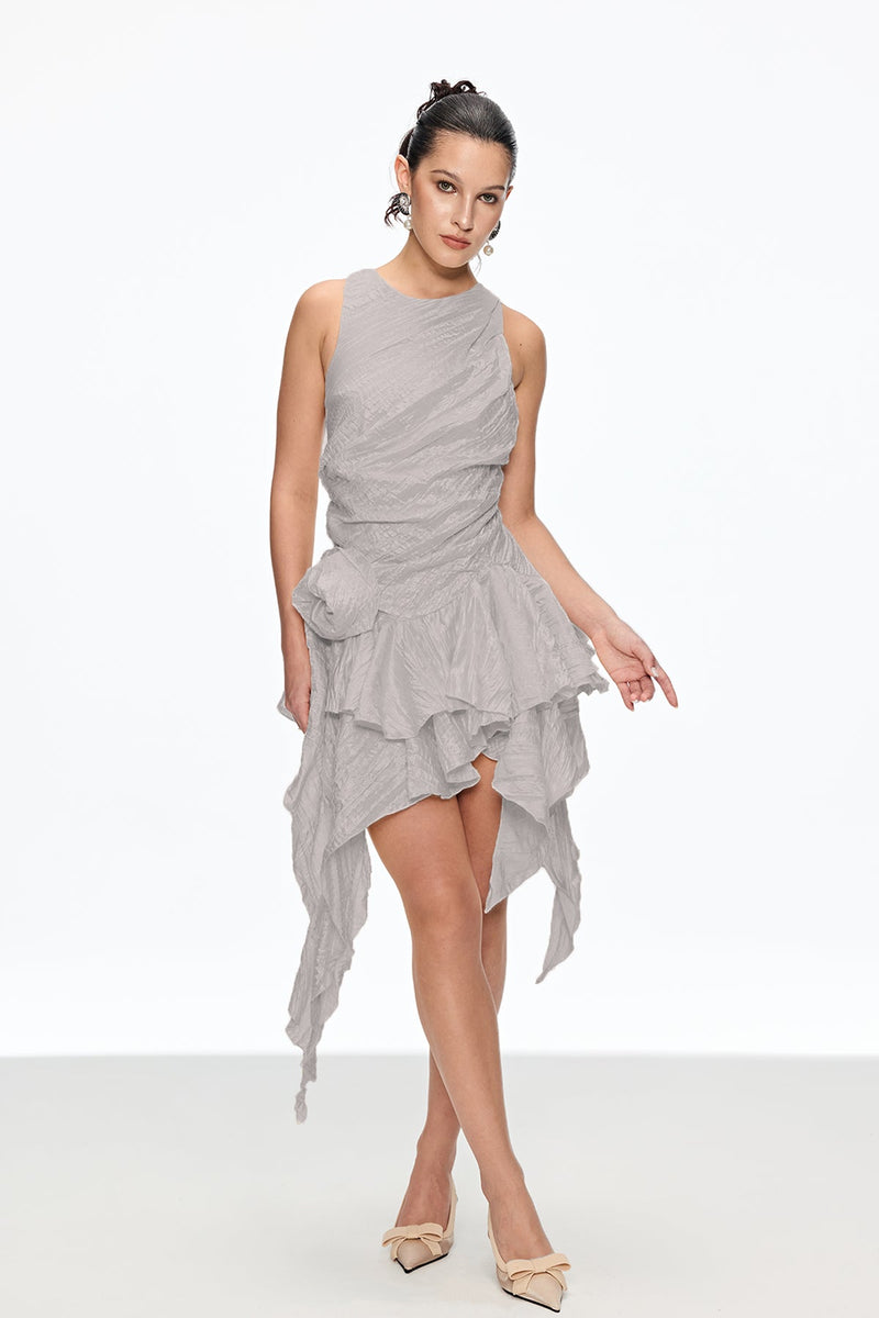 Caleb Flower Ruch Asymmetric Mini Dress in Grey