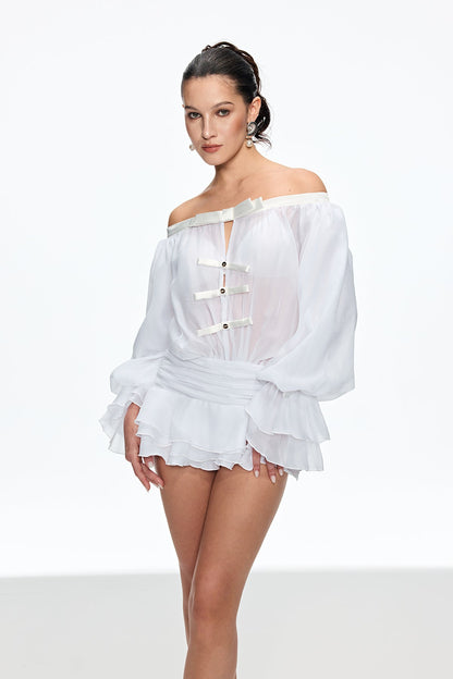 Calista Bow Off Shoulder Ruch Mini Dress