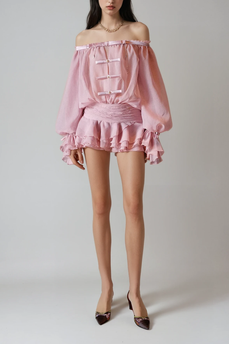 Calista Bow Off Shoulder Ruch Mini Dress in Pink
