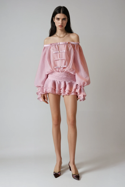 Calista Bow Off Shoulder Ruch Mini Dress in Pink