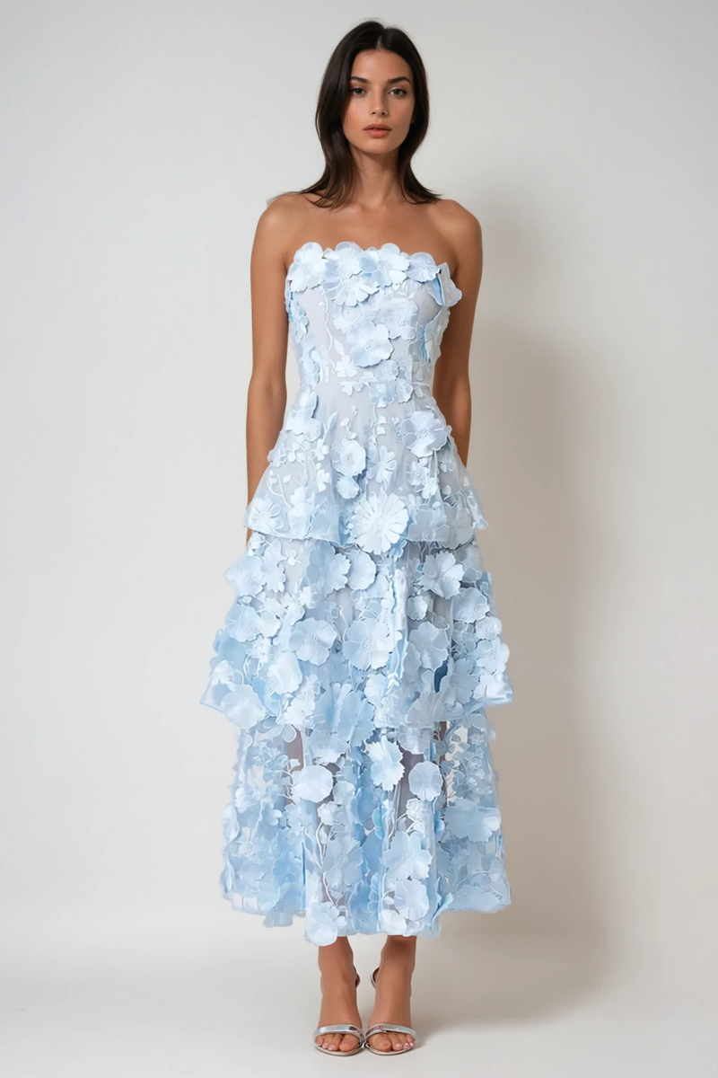 Camelia Strapless Embroidered Flower Maxi Dress in Blue