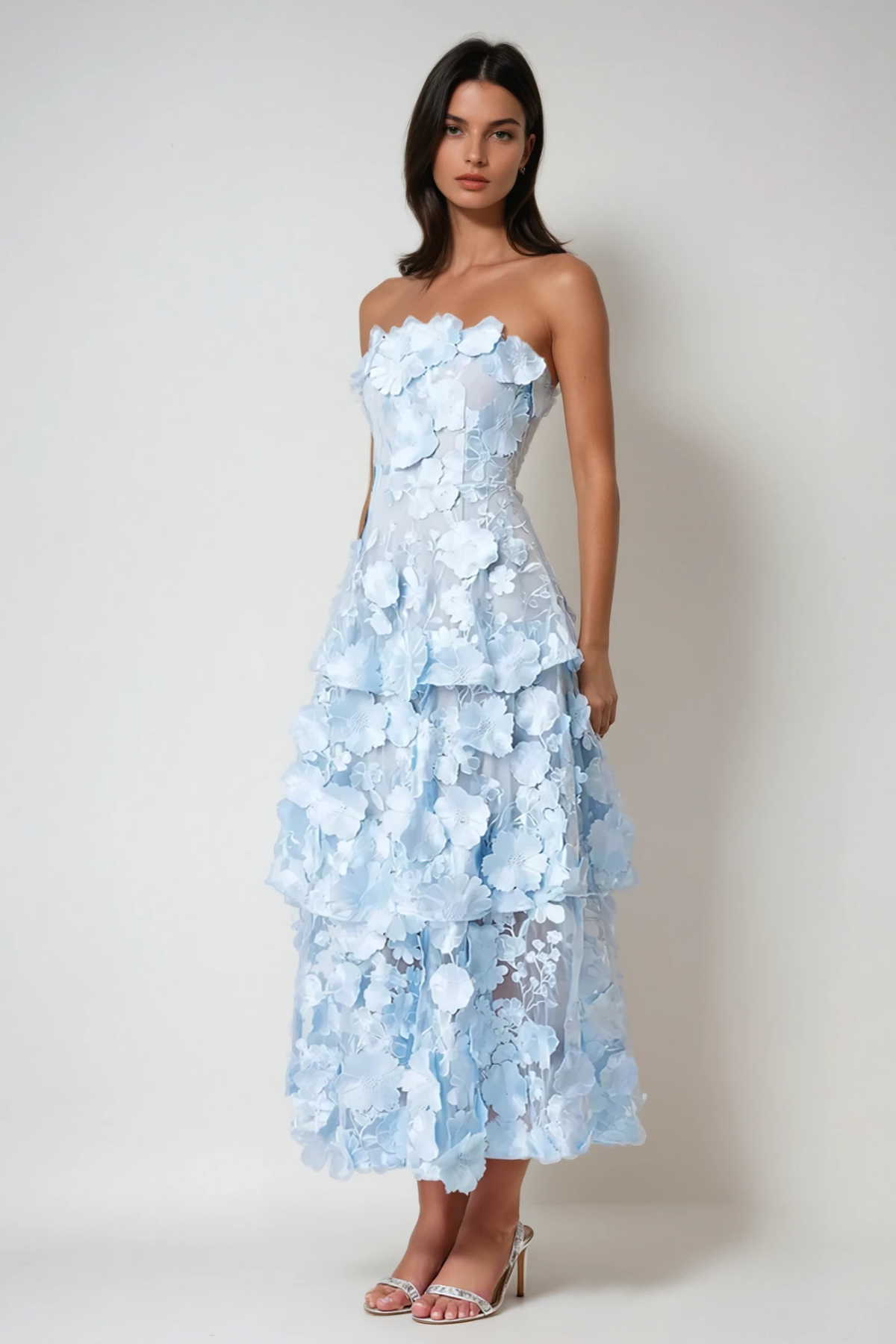 Camelia Strapless Embroidered Flower Maxi Dress in Blue