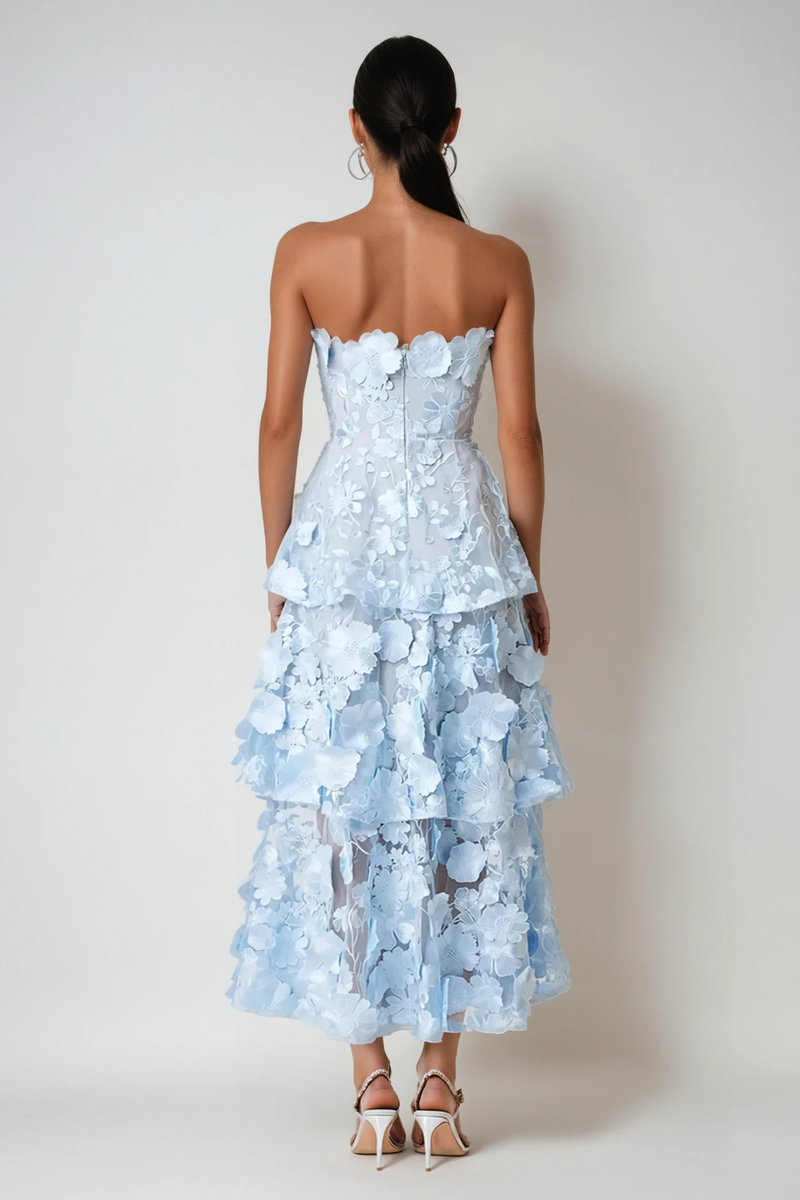 Camelia Strapless Embroidered Flower Maxi Dress in Blue