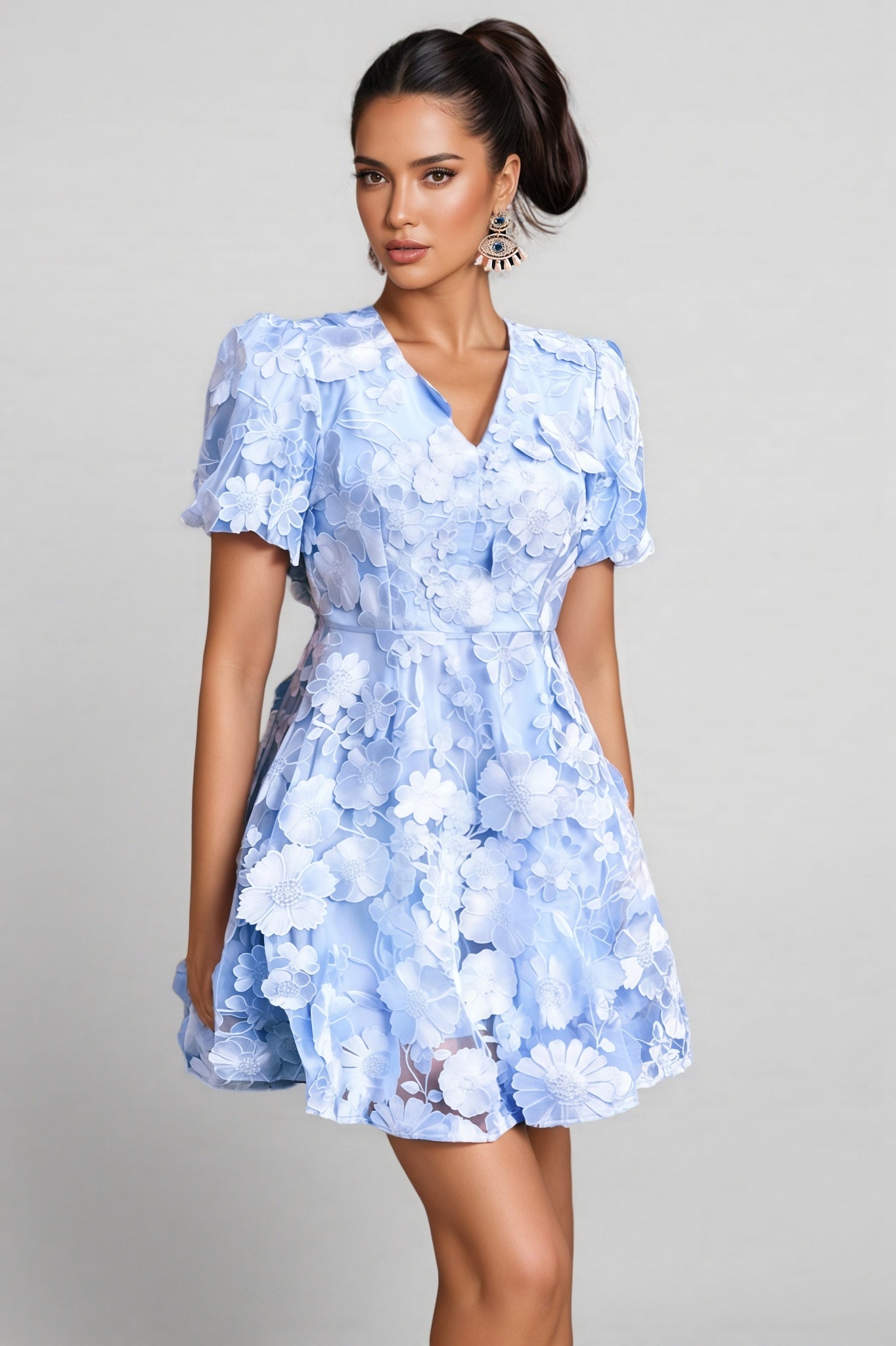 Tarynl V Neck Flower Embroidered Mini Dress