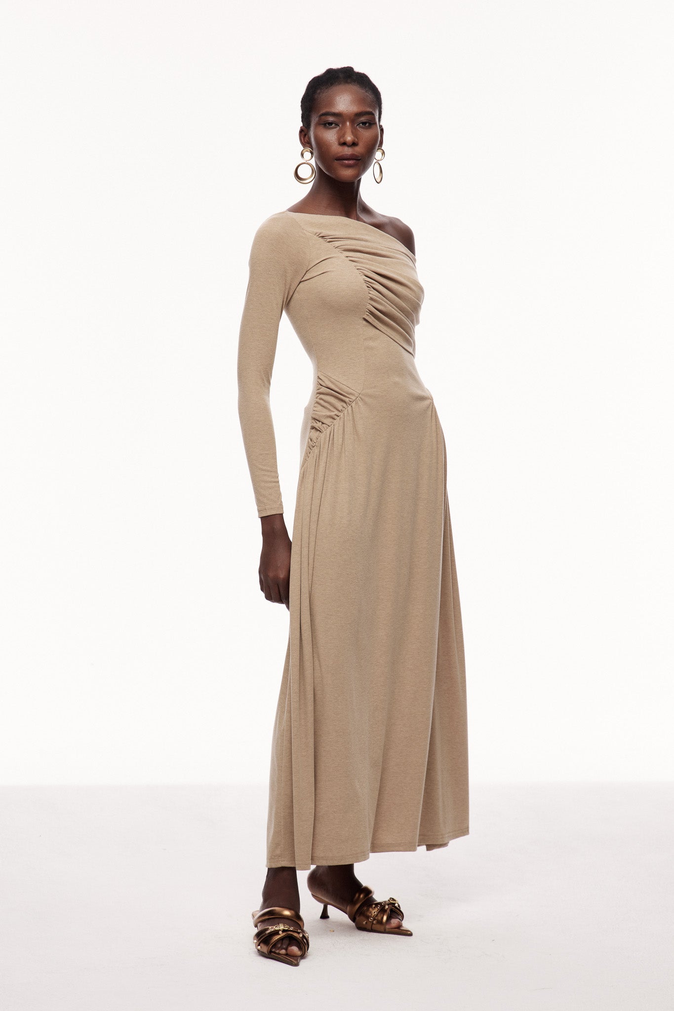 Candi Ruch Asymmetric Maxi Dress in Khaki