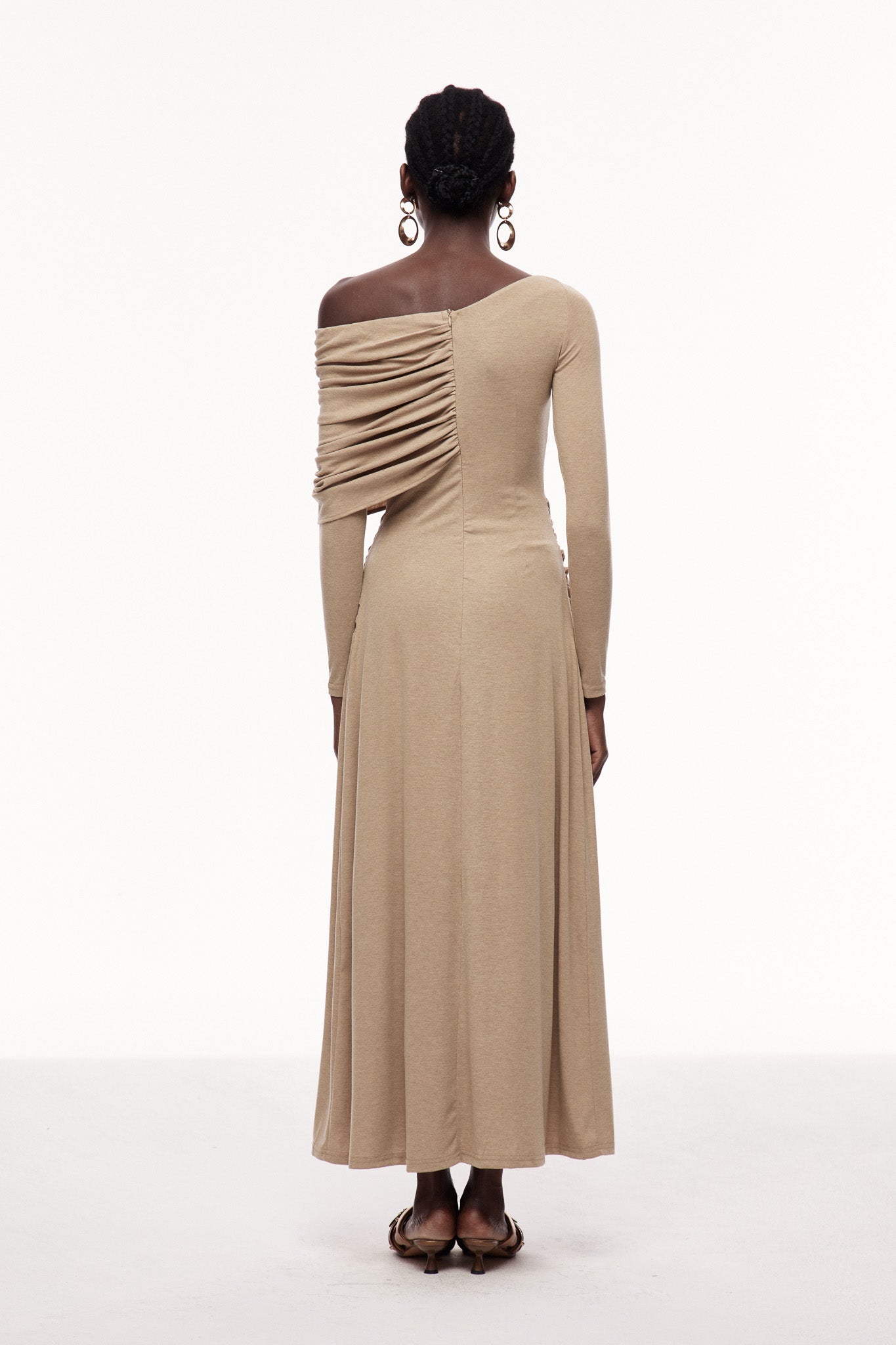 Candi Ruch Asymmetric Maxi Dress in Khaki