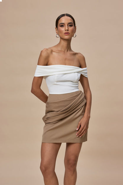 Candide Off Shoulder Ruch Mini Dress
