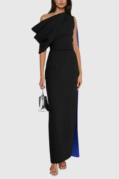 Candidus Shawl Ruch Asymmetric Midi Dress in Black