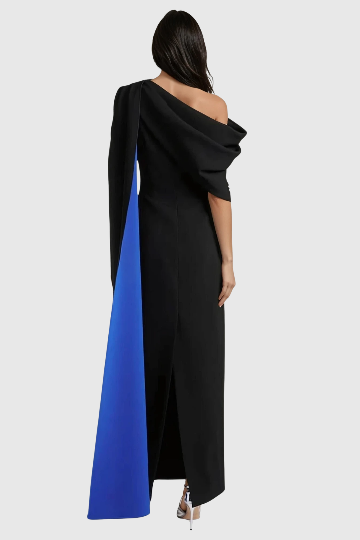 Candidus Shawl Ruch Asymmetric Midi Dress in Black